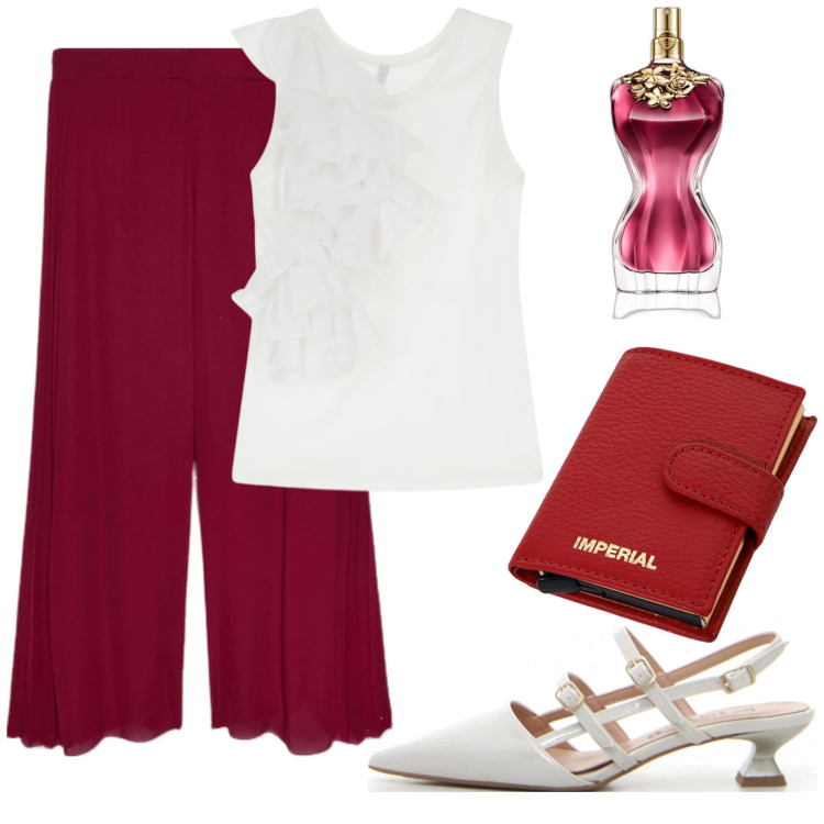 Outfit donna - Ufficio con eleganza. Stile Trendy per Ufficio. Abbinamento con profumi, portafogli, top, pantaloni a palazzo, décolleté.