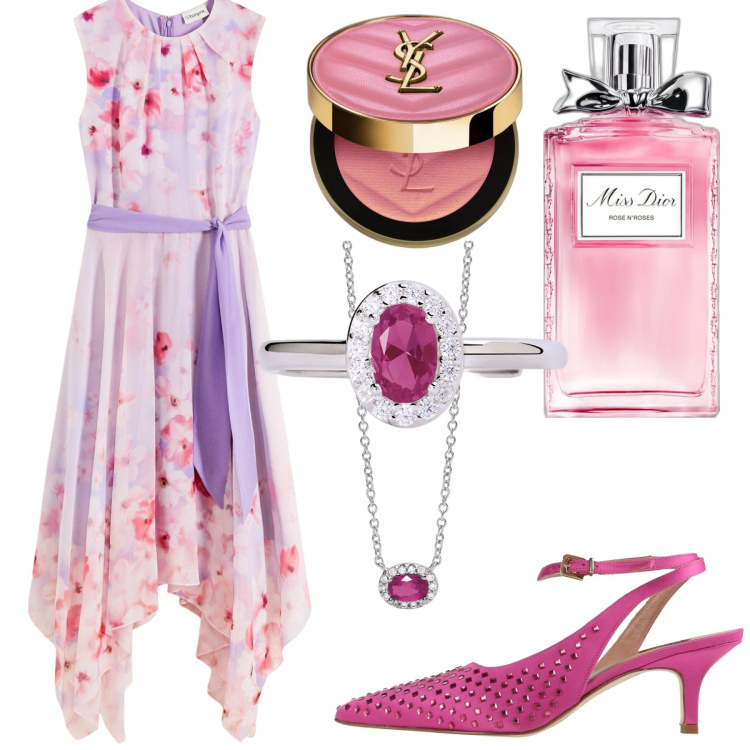 Outfit donna - Cerimonia. Stile Romantica per Cerimonia. Abbinamento con vestiti, décolleté, profumi, blush, collane, anelli.