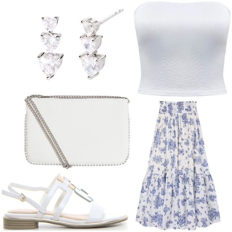 Outfit donna - Bianco boho. Stile Boho per Serata fuori. Abbinamento con orecchini, gonne lunghe, borse a tracolla, top, sandali.