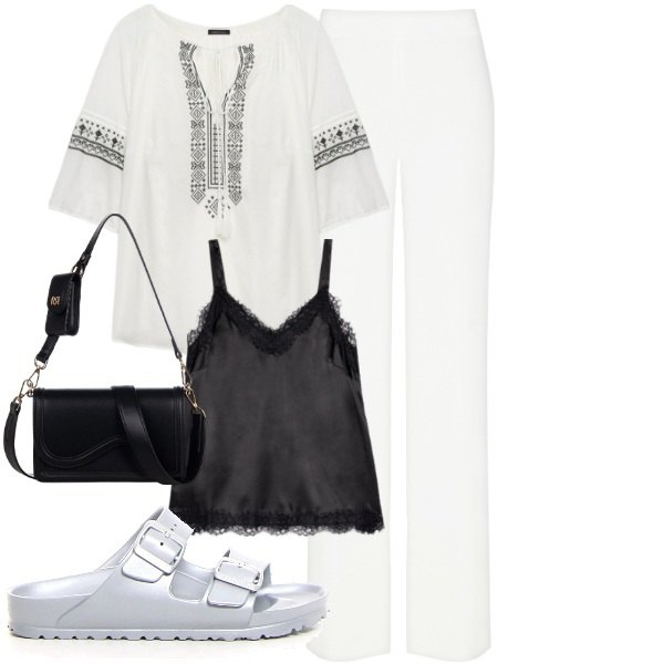 Outfit donna - Bianco curvy power. Stile Etnico per Mare. Abbinamento con pochette, pantaloni a palazzo, canottiere, bluse, ciabatte.