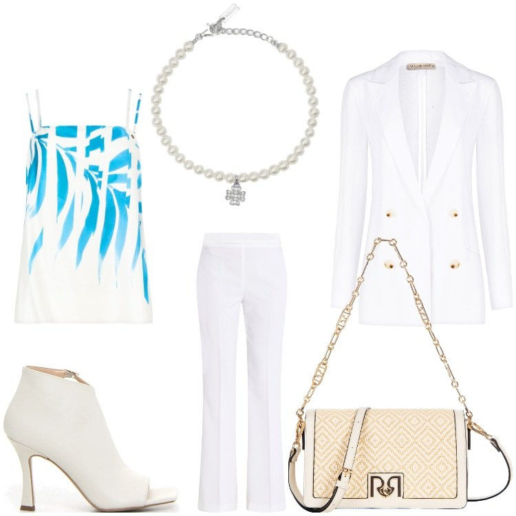 Outfit donna - Perle. Stile Chic per Cerimonia. Abbinamento con braccialetti con ciondoli, pantaloni, borse a tracolla, blazer, top, sandali col tacco.