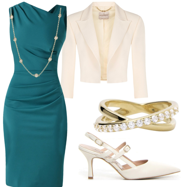 Outfit donna - Smeraldo. Stile Chic per Cerimonia. Abbinamento con anelli, collane, vestiti asimmetrici, bolero, décolleté.