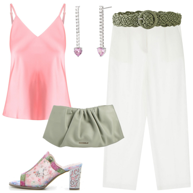 Outfit donna - La cintura intrecciata. Stile Casual chic per Serata fuori. Abbinamento con cinture, borse a mano, orecchini, top, pantaloni, sabot.