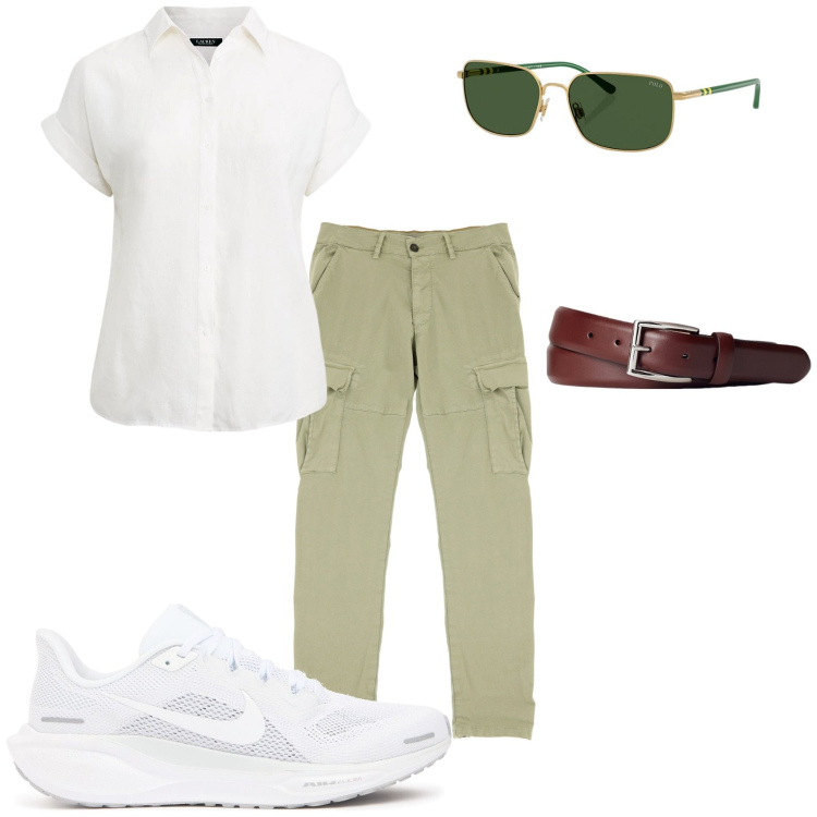 Outfit uomo - Pomeriggio in giro città. Stile Trendy per Tutti i giorni. Abbinamento con pantaloni cargo, cinture, occhiali da sole, camicie a manica corta, sneakers.