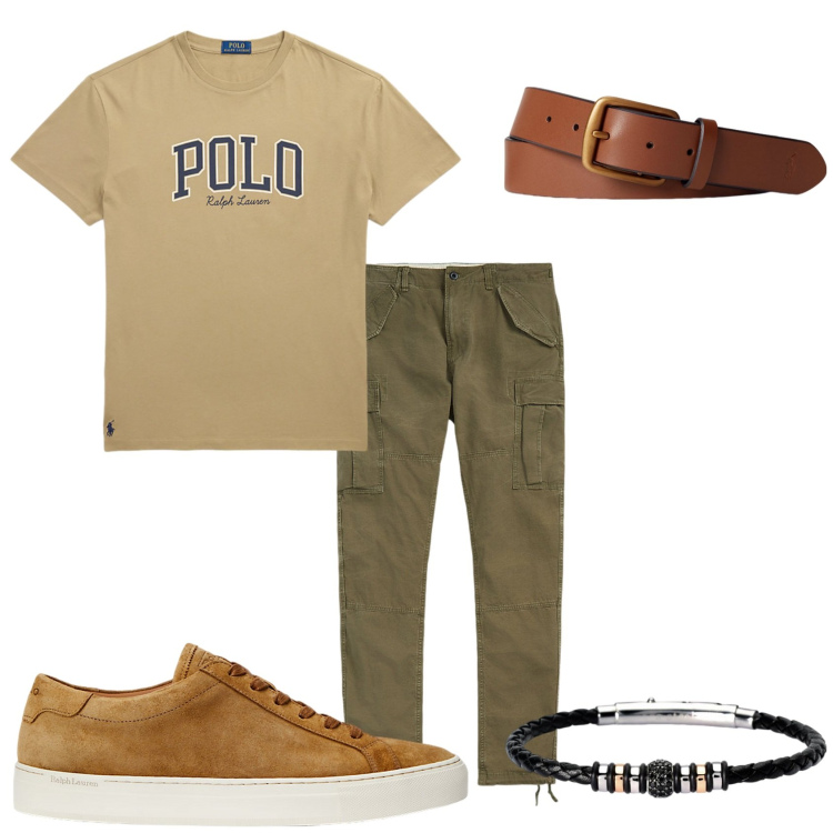Outfit uomo - Posso venire da voi. Stile Casual per Tutti i giorni. Abbinamento con braccialetti, cinture, t-shirt, pantaloni cargo, sneakers.