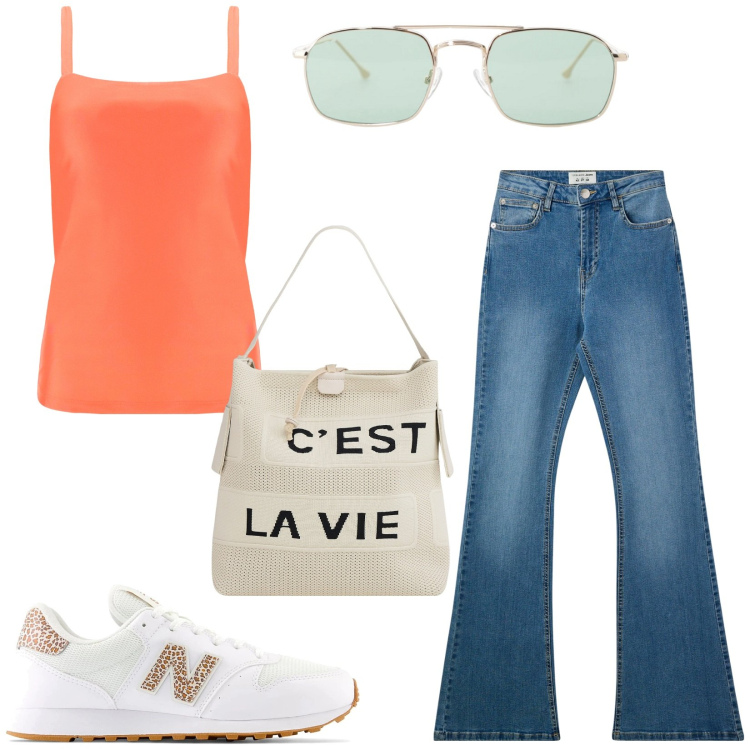 Outfit donna - Corallo energia estiva. Stile Basic per Tutti i giorni. Abbinamento con jeans a zampa, borse a mano, occhiali da sole, canottiere, sneakers.