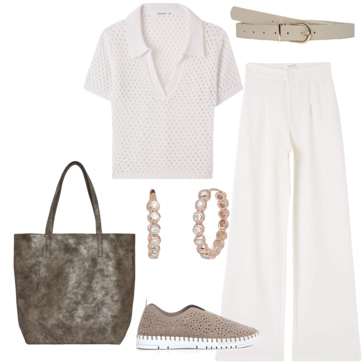 Outfit donna - Total look #2186661. Stile Casual chic per Tutti i giorni. Abbinamento con orecchini, polo, shopping bag, pantaloni, cinture, sneakers.