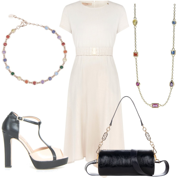 Outfit donna - Total look #2186664. Stile Chic per Tutti i giorni. Abbinamento con braccialetti, collane, vestiti, borse a mano, sandali col tacco.