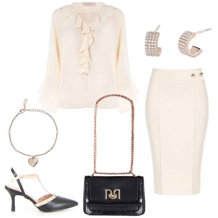 Outfit donna - Total look #2186666. Stile Chic per Ufficio. Abbinamento con orecchini, braccialetti con ciondoli, gonne longuette, bluse, borse a tracolla, sandali in pelle.