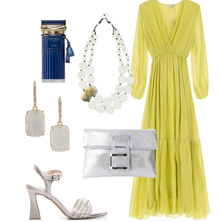 Outfit donna - Wedding guest. Stile Glamour per Cerimonia. Abbinamento con profumi, pochette, vestiti lunghi, orecchini, sandali col tacco, ciondoli.