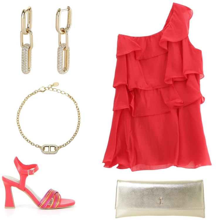 Outfit donna - Total look #2186669. Stile Chic per Serata fuori. Abbinamento con braccialetti, orecchini, vestiti corti, pochette, sandali col tacco.
