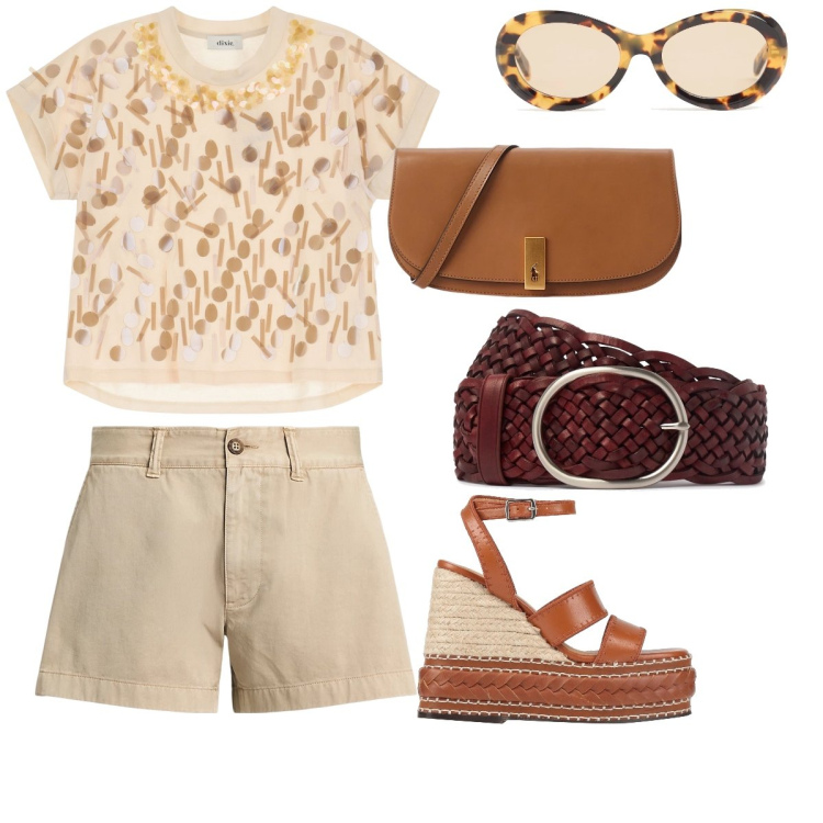 Outfit donna - Pomeriggio d estate. Stile 70s per Tutti i giorni. Abbinamento con espadrillas, t-shirt, clutch, shorts, cinture, occhiali da sole.