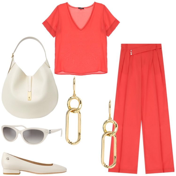 Outfit donna - Total look #2186673. Stile Casual chic per Tutti i giorni. Abbinamento con pantaloni, t-shirt, borse a spalla, occhiali da sole, orecchini, ballerine.