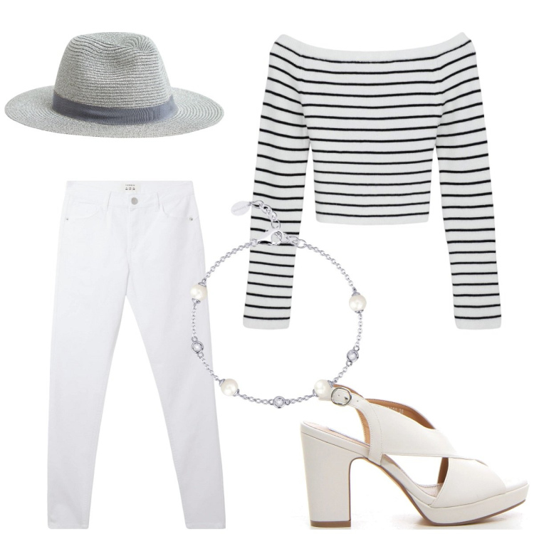 Outfit donna - Tutta curve. Stile Casual chic per Mare. Abbinamento con cappelli, maglieria, pantaloni, braccialetti, sandali col tacco.