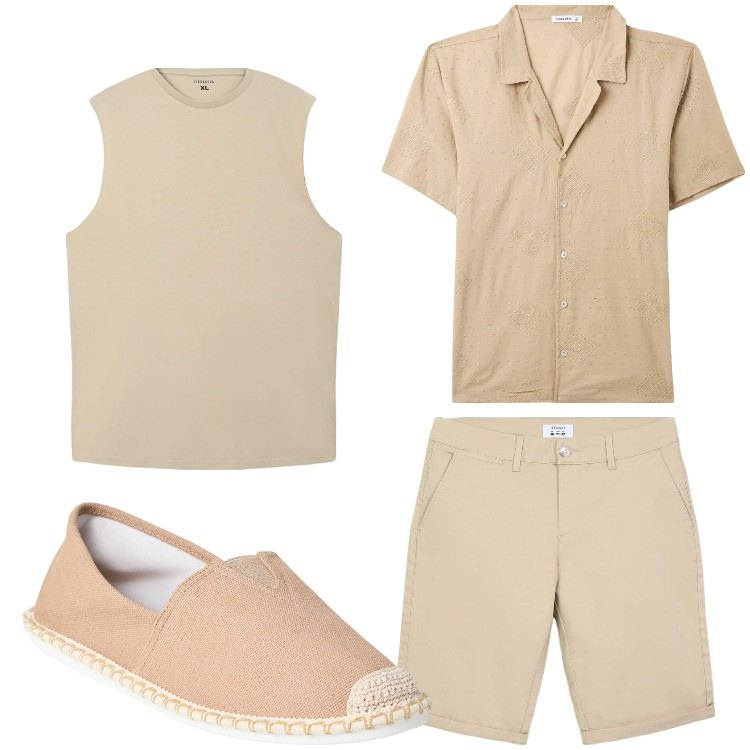Outfit uomo - Tutto beige. Stile Casual per Tutti i giorni. Abbinamento con camicie a manica corta, espadrillas, canottiere, bermuda.