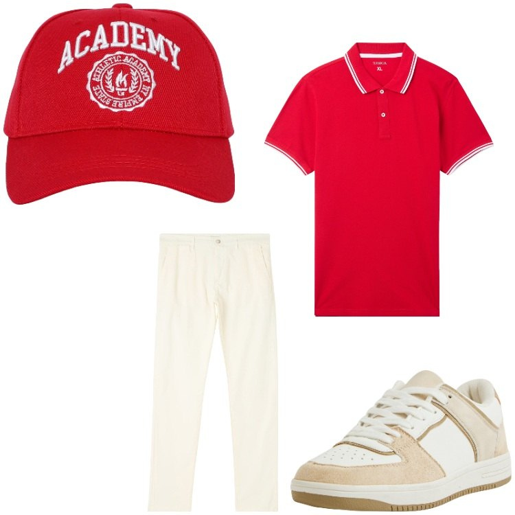 Outfit uomo - Rosso e beige. Stile Casual per Tutti i giorni. Abbinamento con pantaloni chino, cappelli, polo, sneakers.