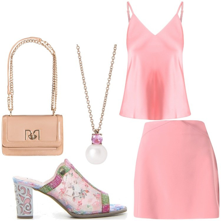 Outfit donna - Fiori rosa. Stile Chic per Serata fuori. Abbinamento con minigonne, borse a tracolla, top, collane, sabot.