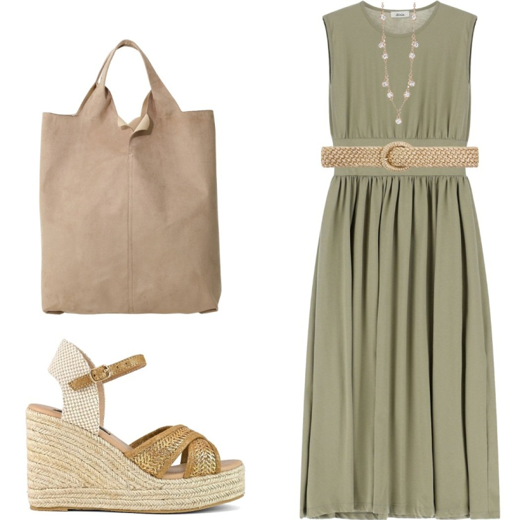 Outfit donna - Accessori intrecciati. Stile Boho per Ufficio. Abbinamento con cinture, collane, vestiti lunghi, shopping bag, zeppe.