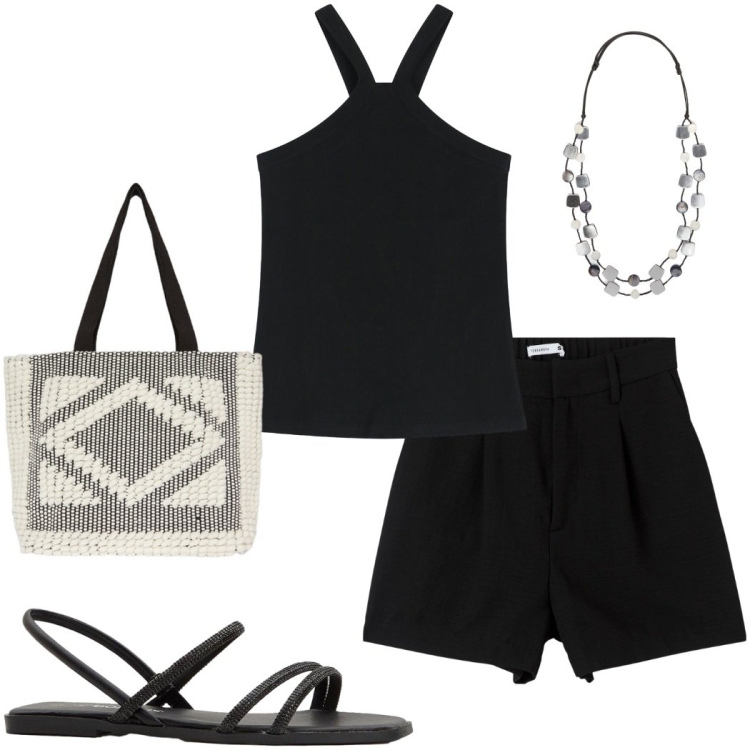 Outfit donna - Accessori intrecciati. Stile Casual per Mare. Abbinamento con sandali, bermuda, top, shopping bag, collane.