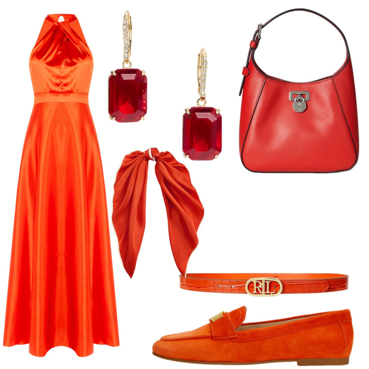 Outfit donna - Total look #2186718. Stile Chic per Cerimonia. Abbinamento con vestiti lunghi, borse a tracolla, orecchini, mocassini, cinture, foulard.