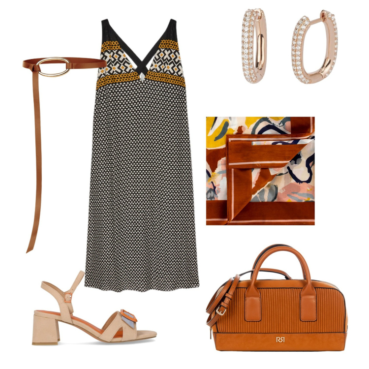 Outfit donna - Un foulard fra i capelli. Stile Etnico per Tutti i giorni. Abbinamento con orecchini, borse a mano, foulard, cinture, vestiti lunghi, sandali col tacco.