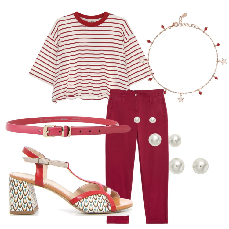 Outfit donna - Rosso fantasia. Stile Casual chic per Tutti i giorni. Abbinamento con braccialetti con ciondoli, cinture, t-shirt, orecchini, pantaloni, sandali col tacco.