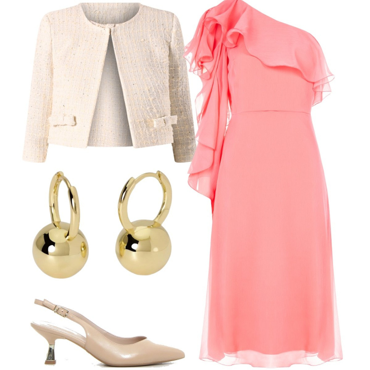 Outfit donna - L’abito monospalla. Stile Romantica per Cerimonia. Abbinamento con vestiti asimmetrici, blazer, orecchini, décolleté.