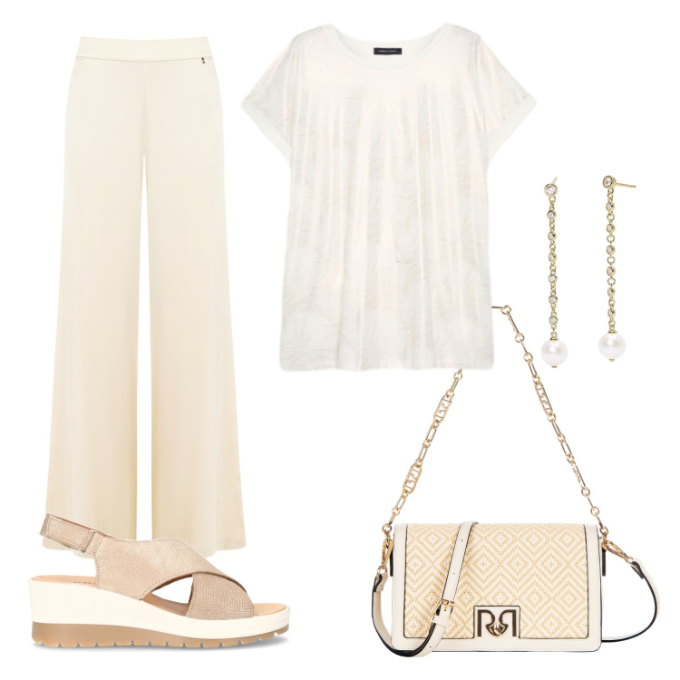 Outfit donna - Total look #2186726. Stile Basic per Tutti i giorni. Abbinamento con orecchini, borse a tracolla, pantaloni a palazzo, bluse, sandali col tacco.