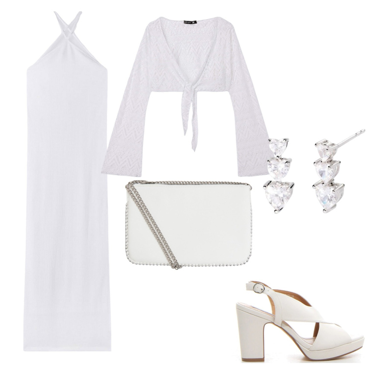 Outfit donna - Bianco low budget. Stile Chic per Tutti i giorni. Abbinamento con orecchini, vestiti lunghi, borse a tracolla, blazer, sandali col tacco.