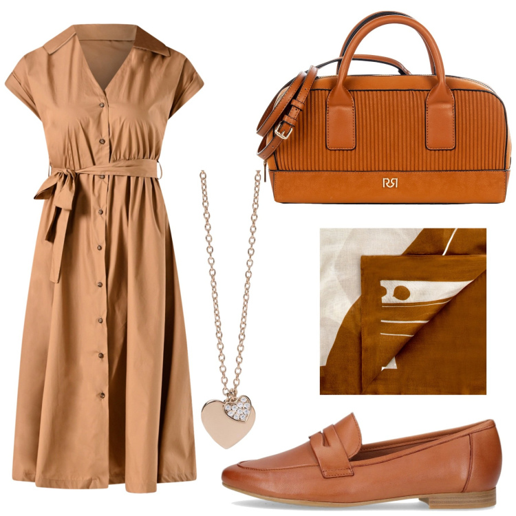 Outfit donna - Total look #2186730. Stile Vintage retrò per Tutti i giorni. Abbinamento con ciondoli, borse a mano, sciarpe, vestiti chemisier, mocassini.