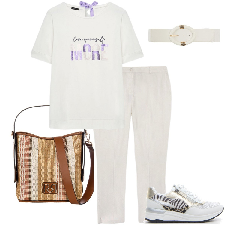 Outfit donna - Bianco casual curvy. Stile Casual chic per Tutti i giorni. Abbinamento con cinture, borse a secchiello, t-shirt, pantaloni chino, sneakers.