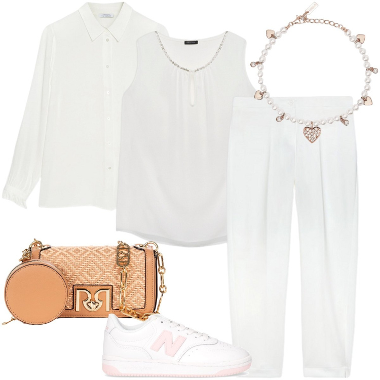 Outfit donna - Non solo bianco. Stile Casual chic per Tutti i giorni. Abbinamento con braccialetti, borse a tracolla, pantaloni, camicie, top, sneakers.