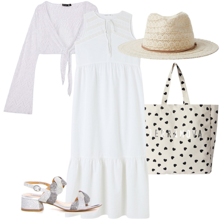 Outfit donna - Bianco al mare. Stile Boho per Mare. Abbinamento con vestiti midi/longuette, cappelli, borse tote, bolero, sandali col tacco.