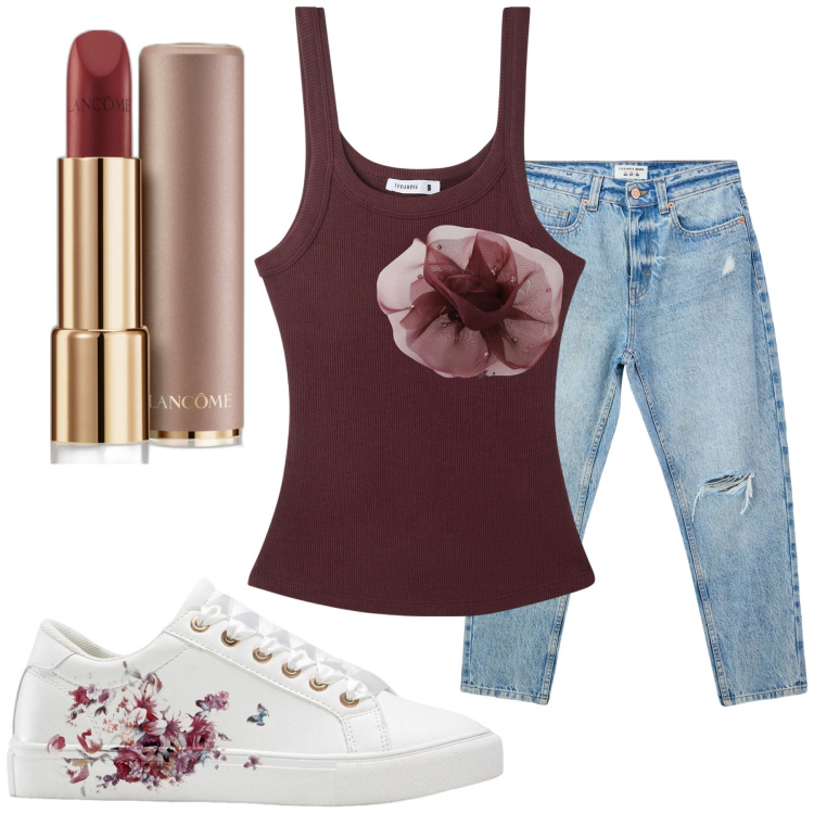 Outfit donna - Serata al cinema. Stile Casual per Serata fuori. Abbinamento con sneakers, rossetti, jeans mom, canottiere, foulard.