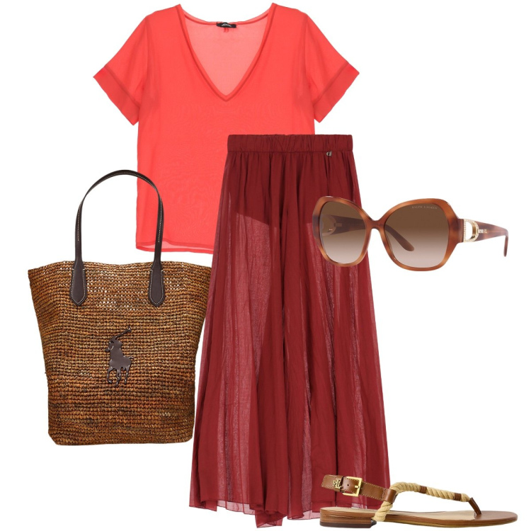 Outfit donna - Colore corallo, energia d’estate. Stile Boho per Mare. Abbinamento con t-shirt, pantaloni, occhiali da sole, borse tote, ciabatte.