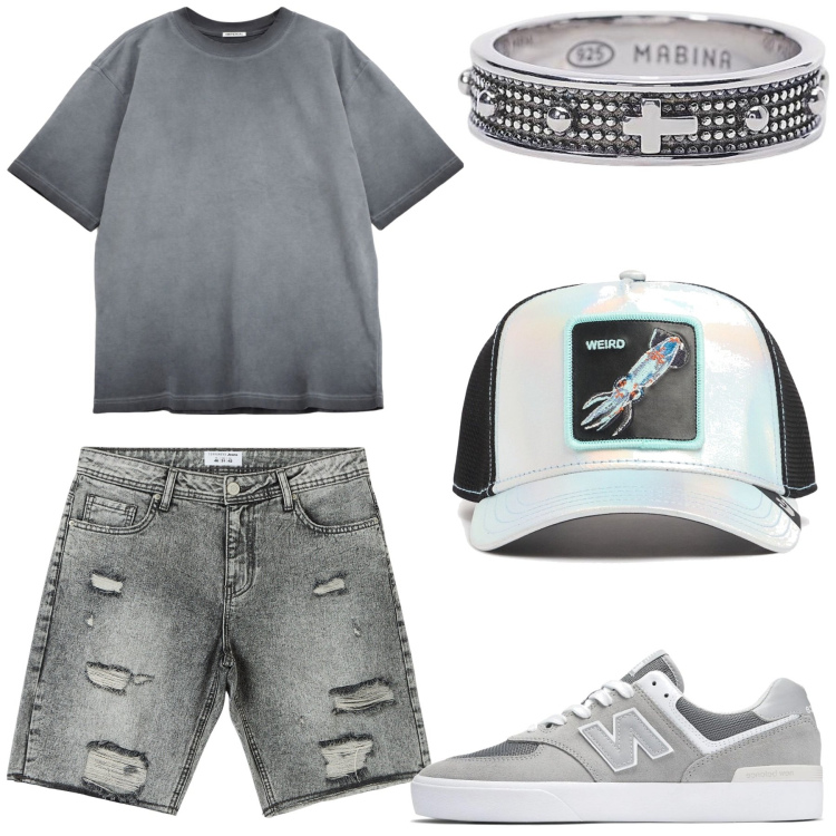 Outfit uomo - Total look #2186745. Stile Urban per Tutti i giorni. Abbinamento con shorts, anelli, sneakers, t-shirt, cappelli.