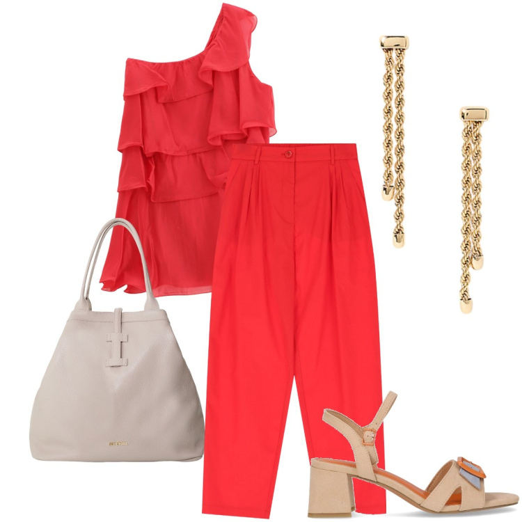 Outfit donna - Rosso corallo. Stile Bon Ton per Serata fuori. Abbinamento con vestiti corti, borse tote, pantaloni, orecchini, sandali col tacco.