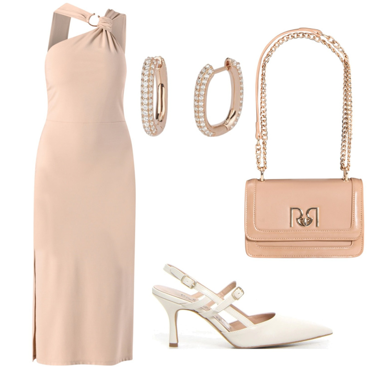 Outfit donna - Scollo sensuale. Stile Chic per Cerimonia. Abbinamento con orecchini, vestiti asimmetrici, borse a tracolla, décolleté.