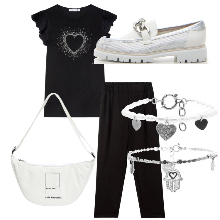 Outfit donna - Nero e argento. Stile Sporty chic per Tutti i giorni. Abbinamento con marsupi, pantaloni chino, t-shirt, braccialetti, braccialetti, mocassini.