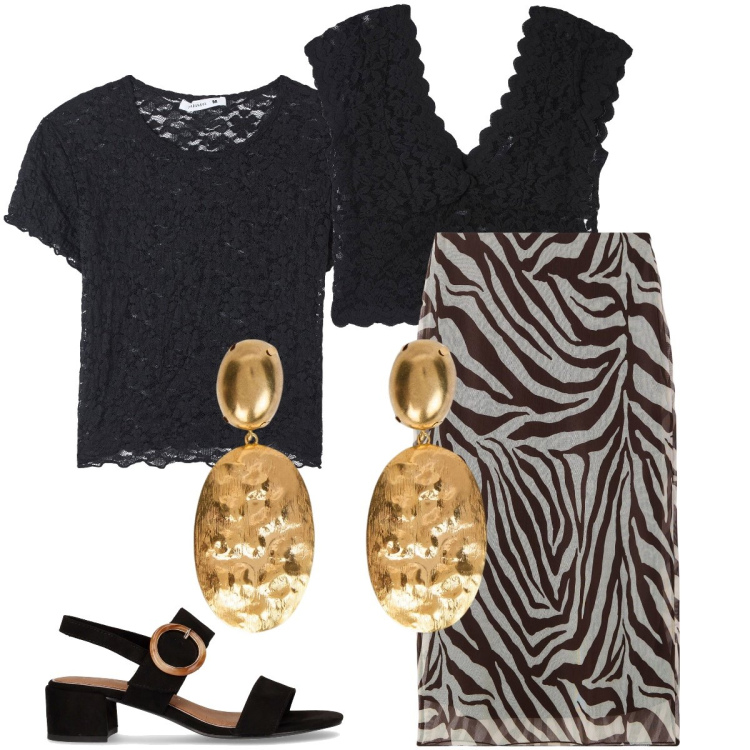 Outfit donna - Pizzo vintage. Stile Vintage retrò per Serata fuori. Abbinamento con gonne lunghe, t-shirt, t-shirt, sandali col tacco, orecchini.