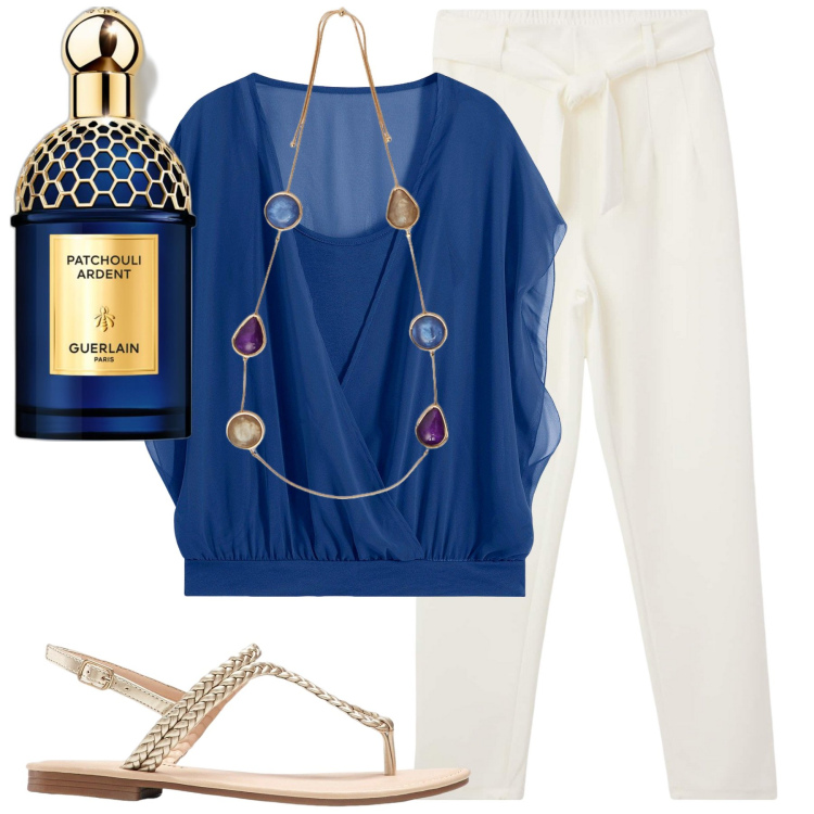 Outfit donna - Ufficio. Stile Casual chic per Ufficio. Abbinamento con ciabatte, bluse, profumi, pantaloni chino, collane.