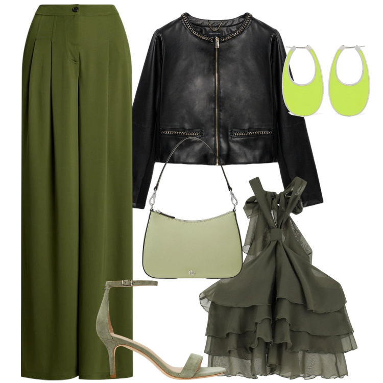 Outfit donna - Romantica rock. Stile Casual chic per Serata fuori. Abbinamento con top, borse a spalla, sandali in pelle, pantaloni, orecchini, blazer.