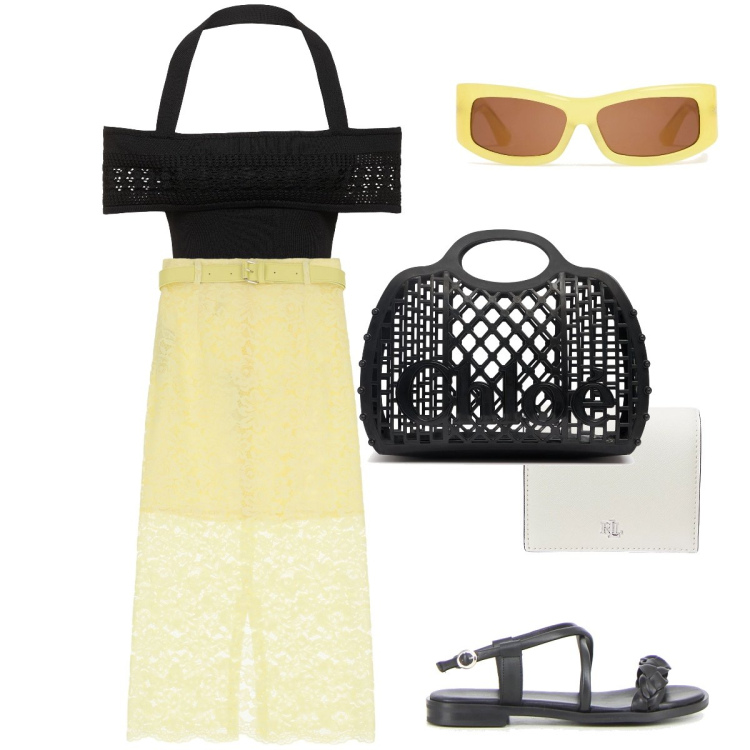 Outfit donna - Accessori intrecciati. Stile Vintage retrò per Mare. Abbinamento con gonne longuette, portafogli, top, sandali, borse a mano, occhiali da sole.