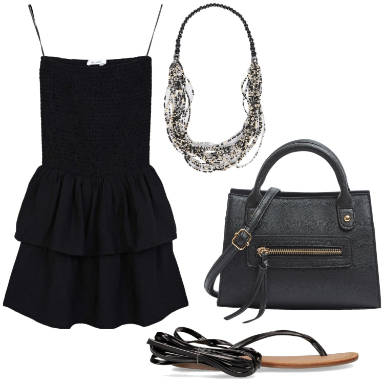 Outfit donna - Spalline sottili. Stile Trendy per Tutti i giorni. Abbinamento con vestiti corti, borse a mano, collane, sandali alla schiava.