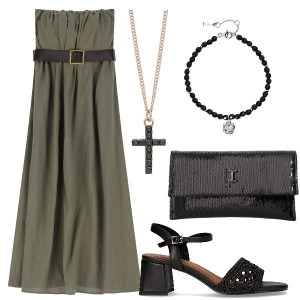 Outfit donna - Pizza tra amici. Stile Casual chic per Serata fuori. Abbinamento con braccialetti, collane, borse a tracolla, vestiti lunghi, sandali col tacco.