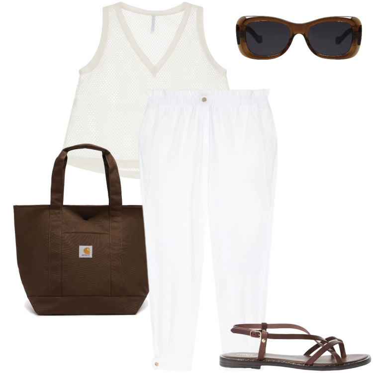 Outfit donna - Intrecci moka. Stile Minimal per Tutti i giorni. Abbinamento con occhiali da sole, t-shirt, sandali, pantaloni, borse tote.