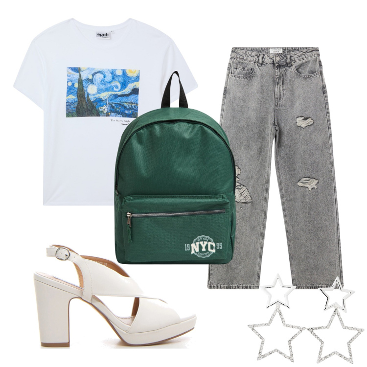 Outfit donna - Dipinto. Stile Sporty chic per Tutti i giorni. Abbinamento con orecchini, zaini, t-shirt, jeans strappati, sandali col tacco.