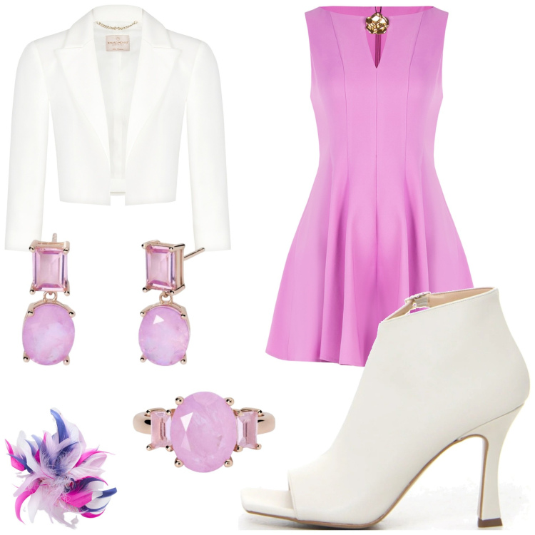 Outfit donna - Scollo a barchetta. Stile Chic per Cerimonia. Abbinamento con orecchini, anelli, vestiti corti, bolero, sandali col tacco, accessori per capelli.
