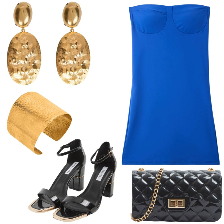 Outfit donna - 80’s. Stile Vintage retrò per Serata fuori. Abbinamento con borse a tracolla, vestiti, sabot, braccialetti, orecchini.