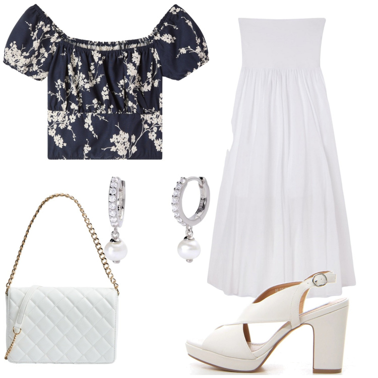 Outfit donna - Sensuale. Stile Boho per Serata fuori. Abbinamento con bluse, borse a tracolla, gonne lunghe, orecchini, sandali col tacco.